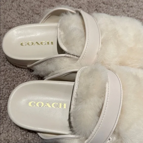 Coach Women's Plush Cream Slippers - Picture 2 of 5